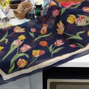 Source Unknown Floral Scarf - Navy with Multicolor Tulips